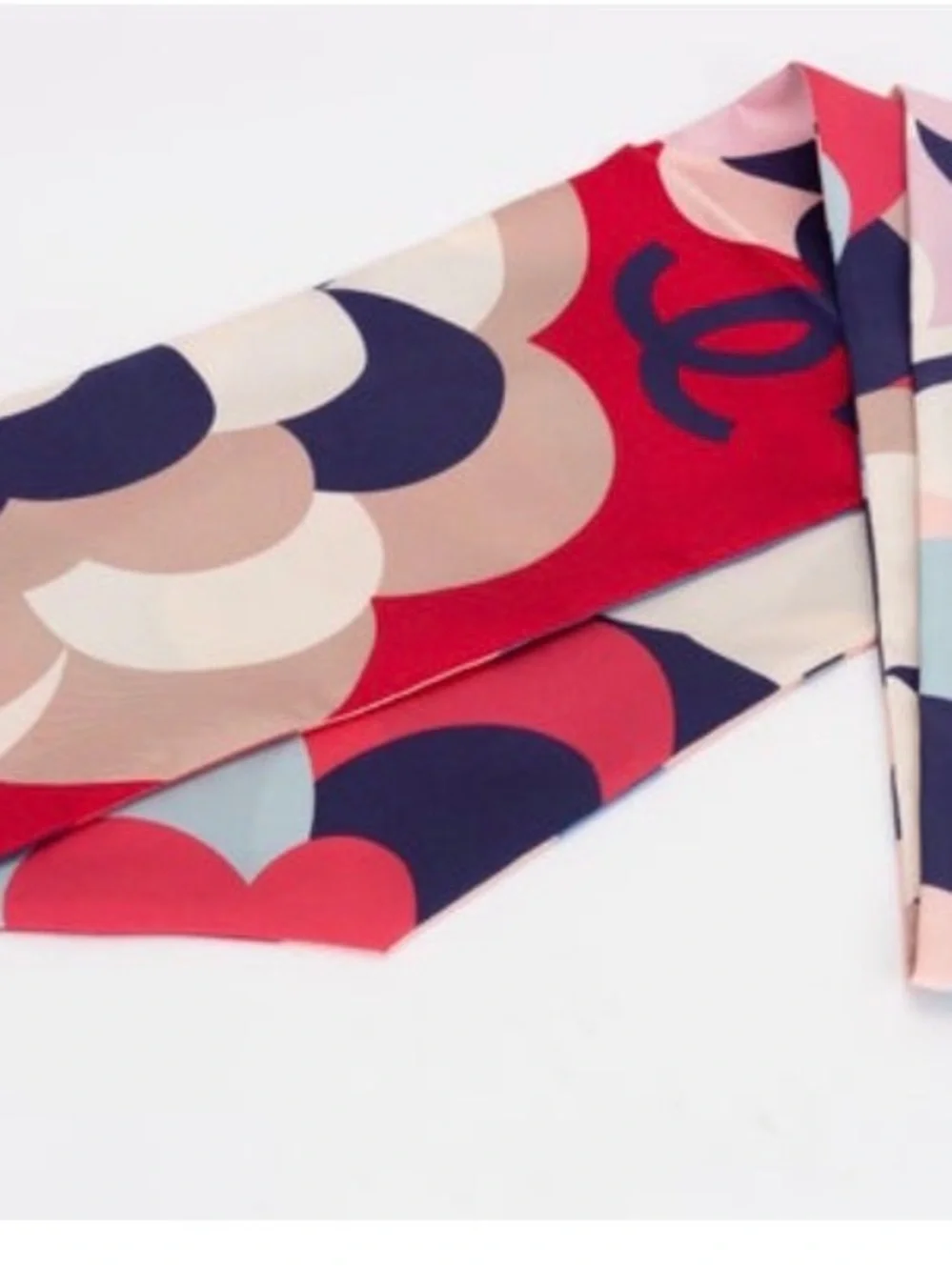 Authentic Chanel  Blue Red Flower Maxi Twilly, Necktie or purse Scarf Silk
